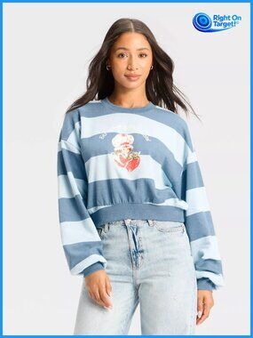 XL - Womens Strawberry Shortcake Striped Cropped Fleece Sweatshirt - Blue Stripe